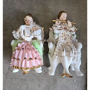 Vintage Dresden Bone China 2 Figurines, Harp & Flute Player 1950's